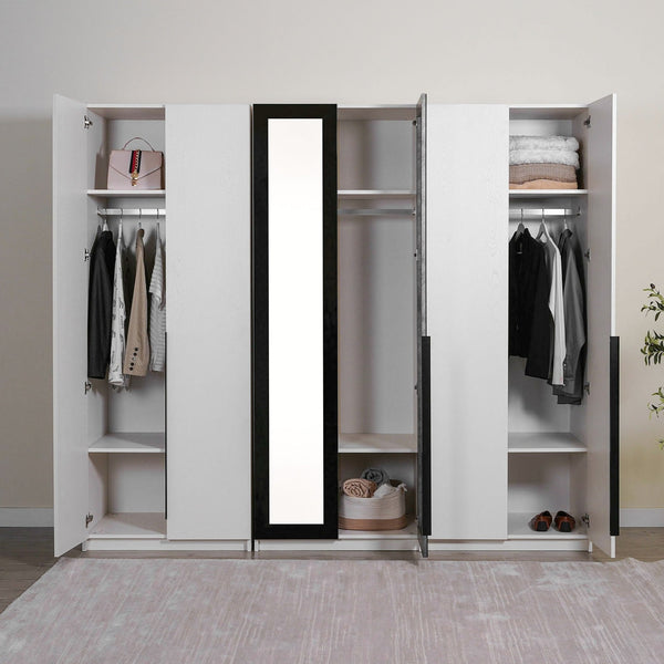 Wayo 6 Door Wardrobe featuring spacious compartments, hanging rods, and shelves for modern bedroom organization.