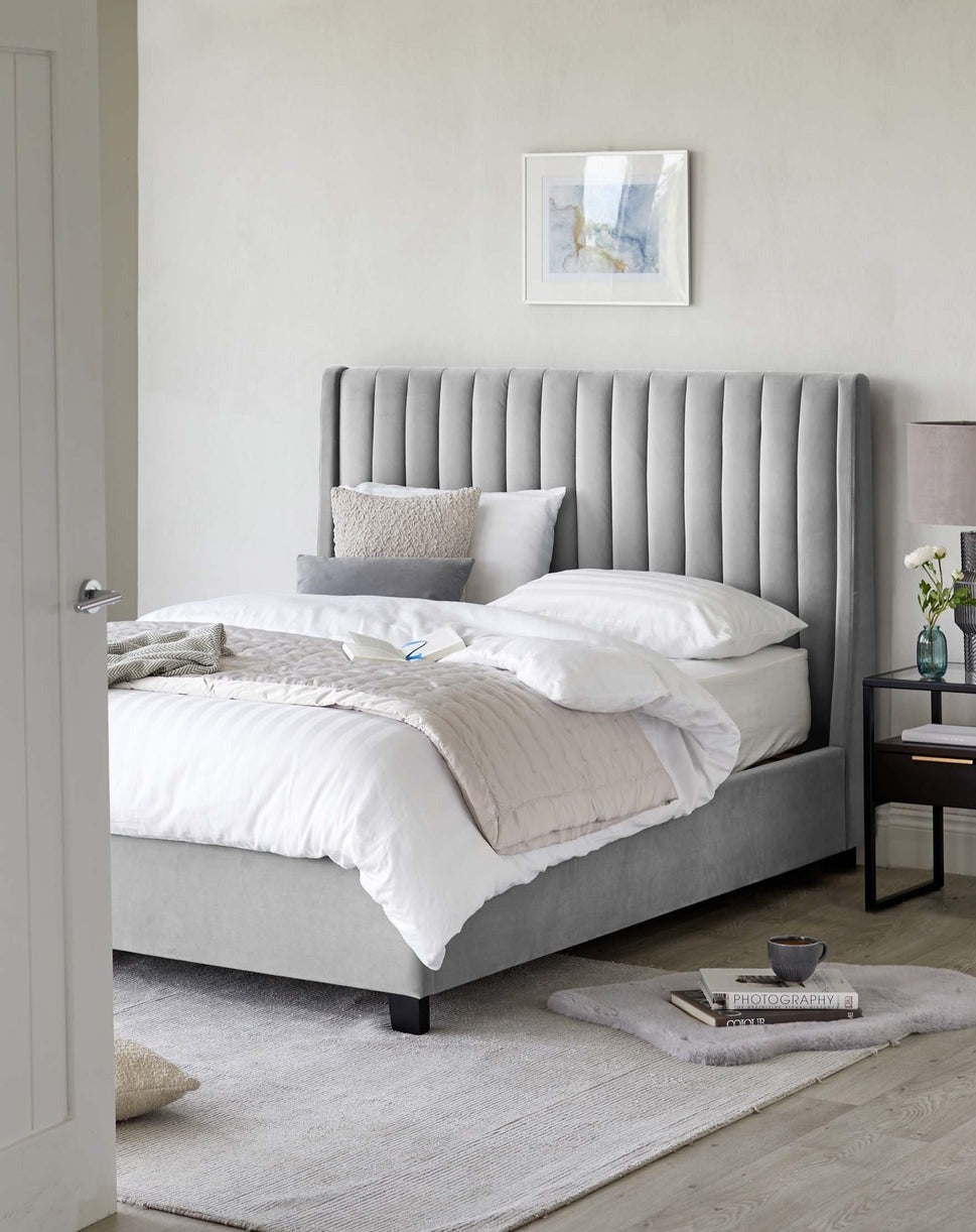 Amalfi Bed available in velvet, fabric, and leather with a stylish headboard