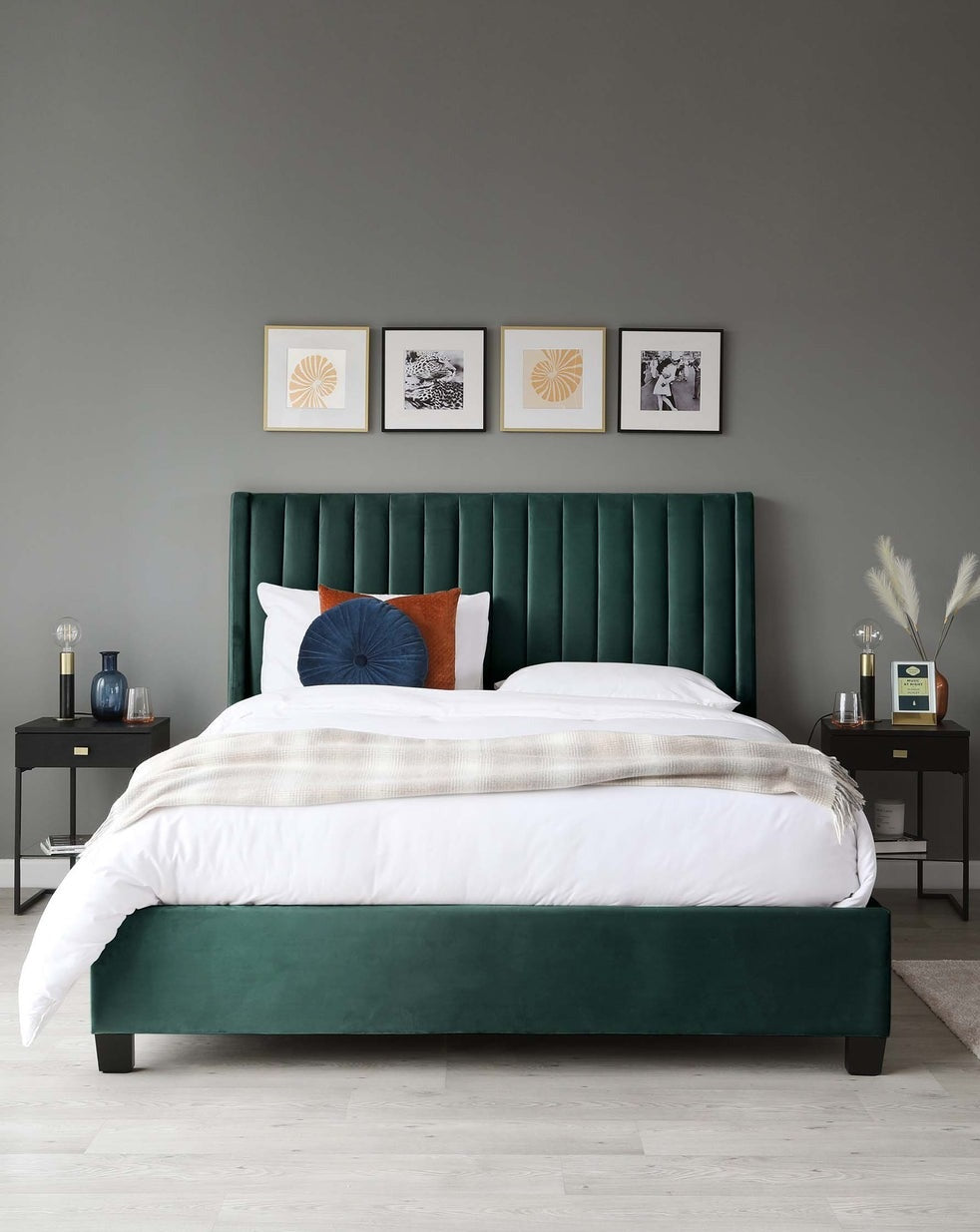 Amalfi Bed available in velvet, fabric, and leather with a stylish headboard