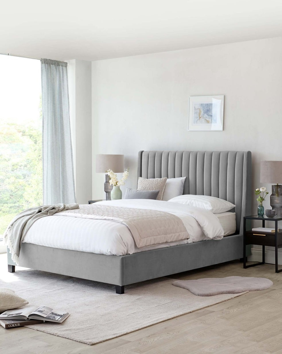 Amalfi Bed available in velvet, fabric, and leather with a stylish headboard