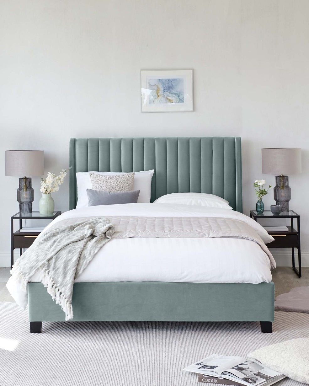 Amalfi Bed available in velvet, fabric, and leather with a stylish headboard