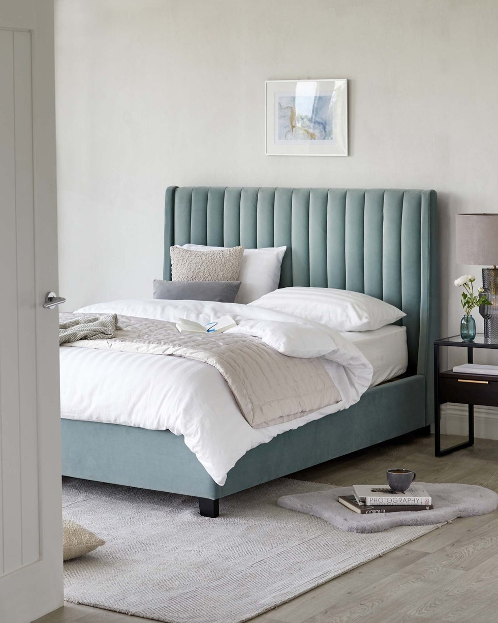 Amalfi Bed available in velvet, fabric, and leather with a stylish headboard