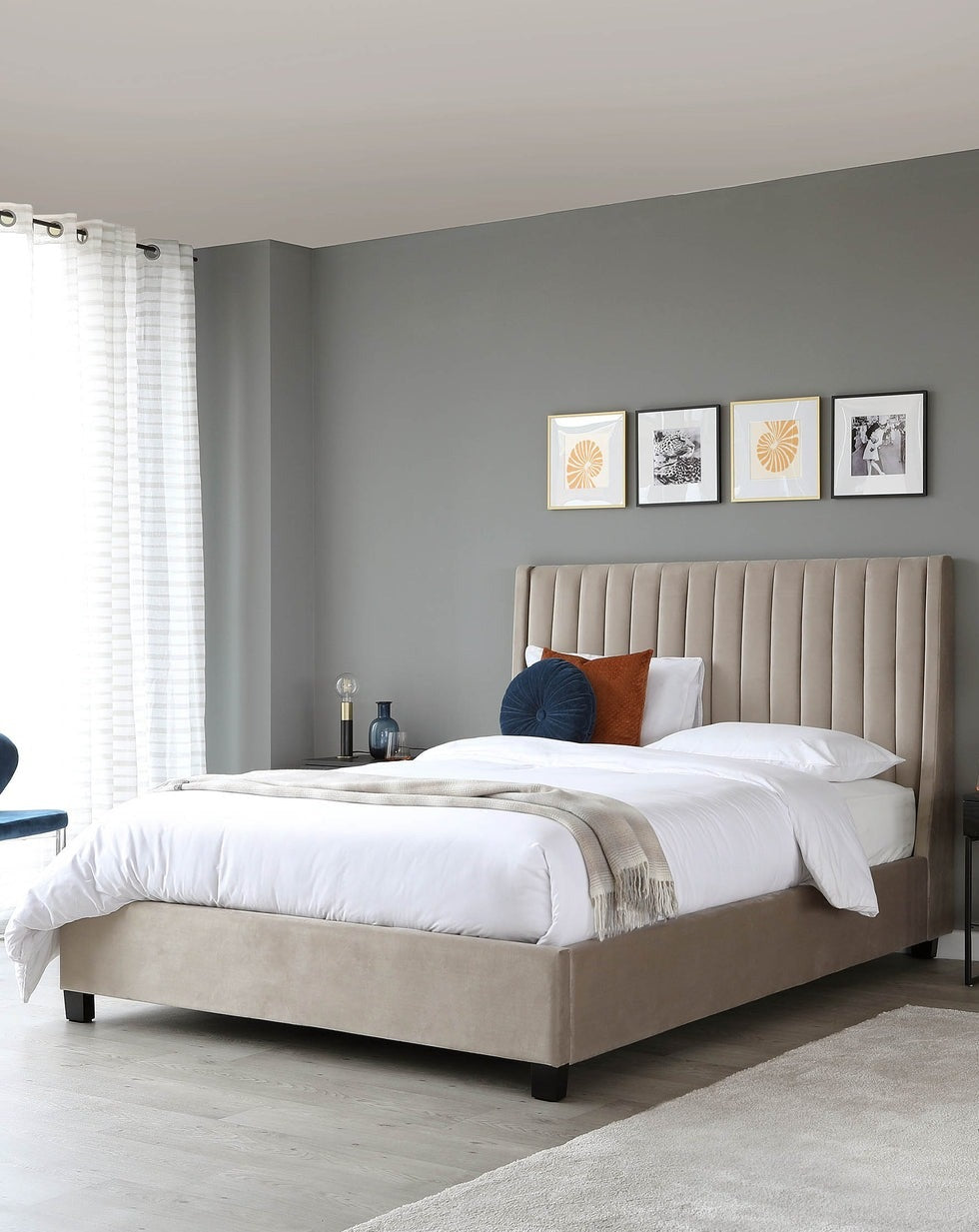 Amalfi Bed available in velvet, fabric, and leather with a stylish headboard