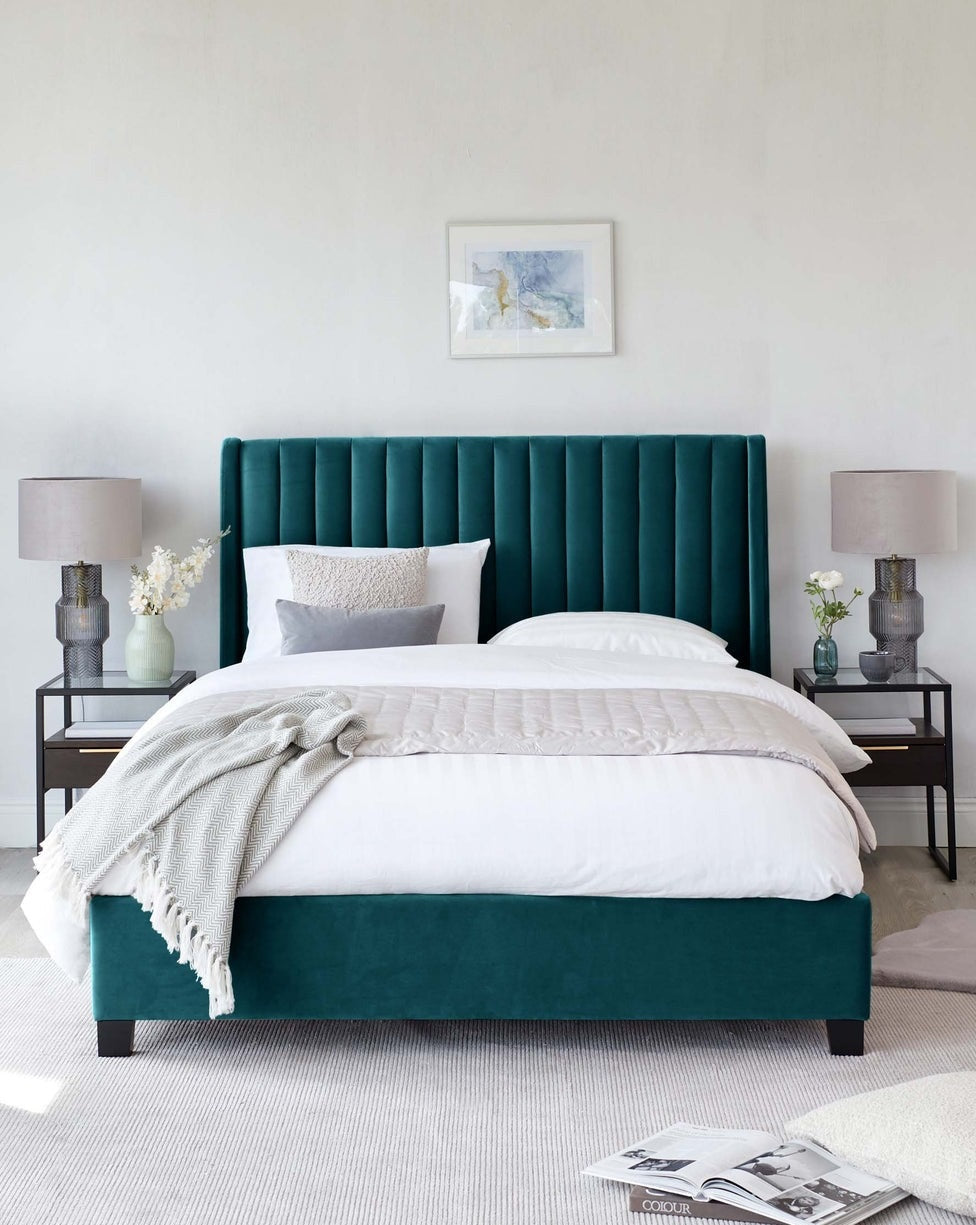 Amalfi Bed available in velvet, fabric, and leather with a stylish headboard