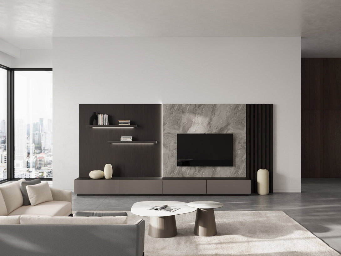 Aurora TV Unit with Shelves and Storage in a Modern Living Room Setting