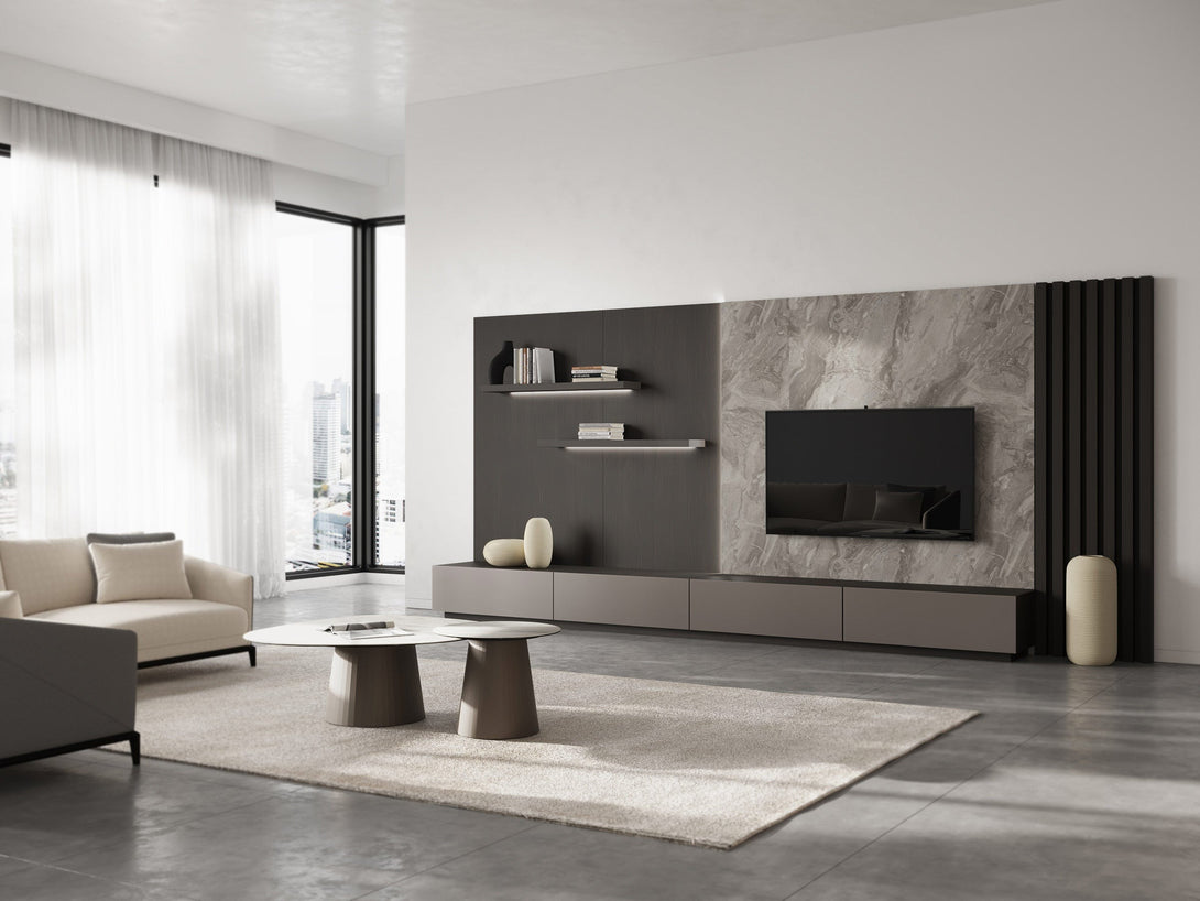 Aurora TV Unit with Shelves and Storage in a Modern Living Room Setting