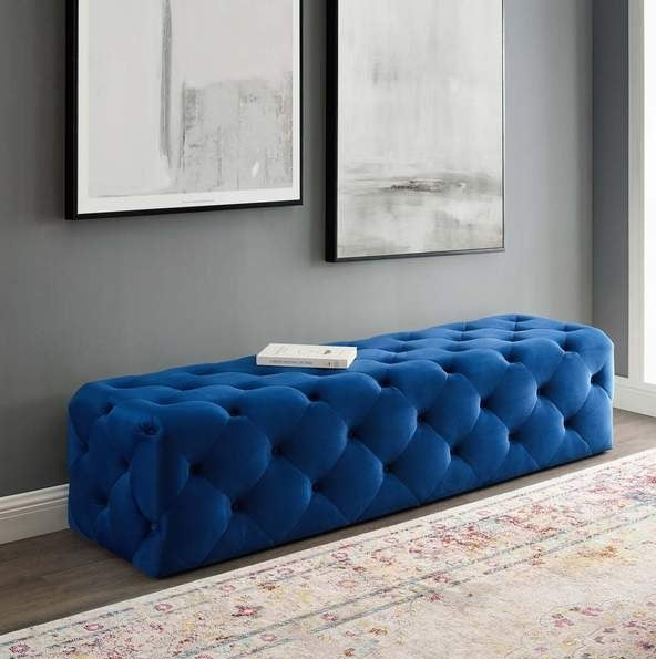 Button Tufted Velvet Ottoman in plush velvet with classic button tufting for elegant living room decor.