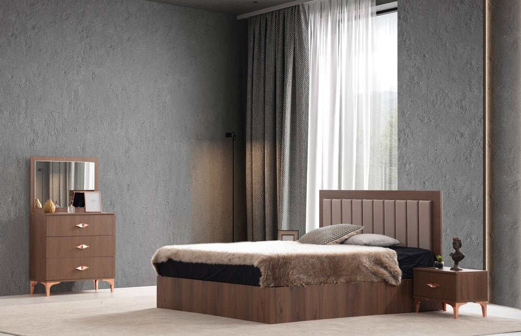 Carla Bedroom Set with natural wood texture, elegant design, and spacious drawers