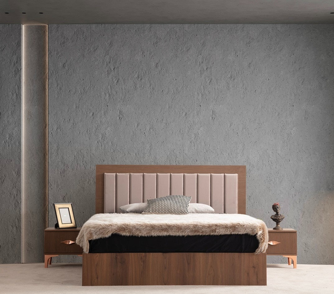 Carla Bedroom Set with natural wood texture, elegant design, and spacious drawers