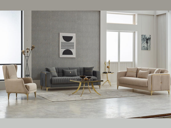 Carmela Living Room Sofa Set with elegant design, solid wooden frame, and plush cushions.