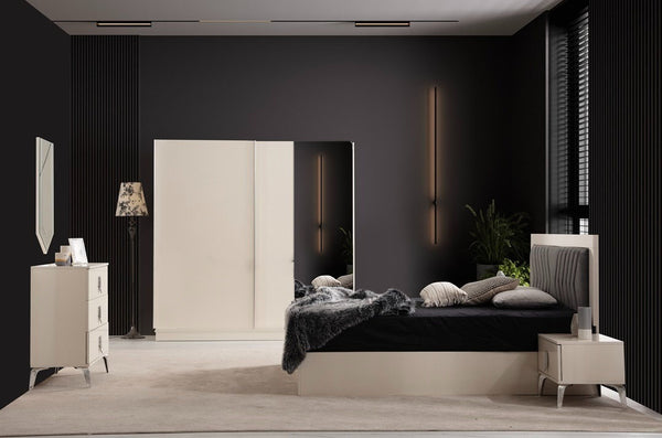 Deep Bedroom Set featuring modern lines, mirrored cabinet, and ample storage