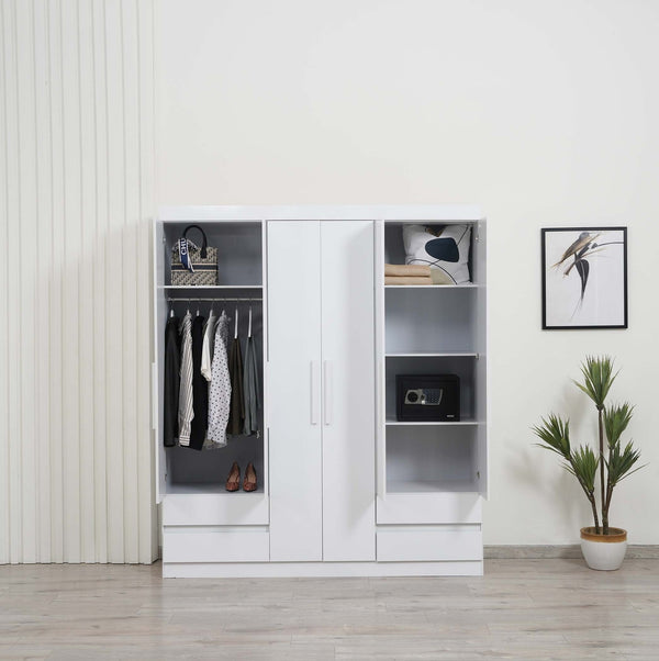 Enstatite 6 Door Wardrobe with 4 drawers, adjustable shelves, and hanging rods for efficient bedroom storage.