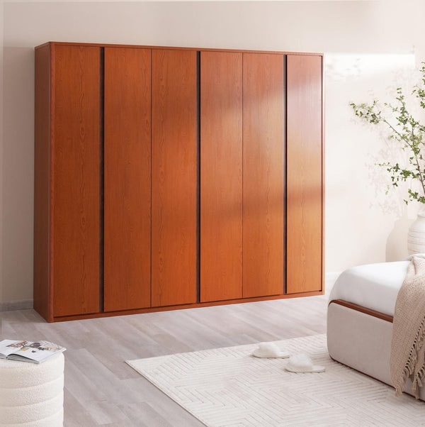 Ercoland 6 Door Wardrobe in Dark Brown with spacious compartments, shelves, and hanging rods for modern bedroom storage.