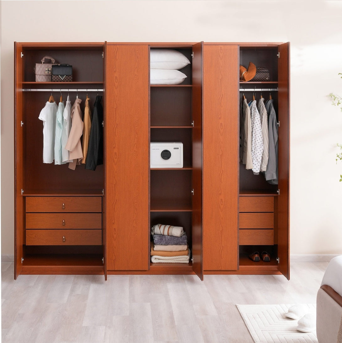 Ercoland 6 Door Wardrobe in Dark Brown with spacious compartments, shelves, and hanging rods for modern bedroom storage.