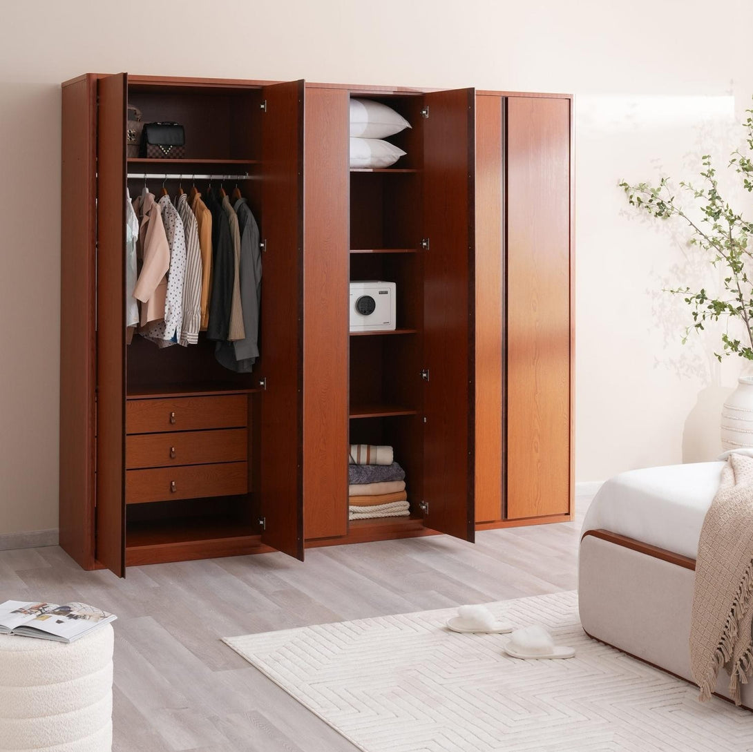 Ercoland 6 Door Wardrobe in Dark Brown with spacious compartments, shelves, and hanging rods for modern bedroom storage.