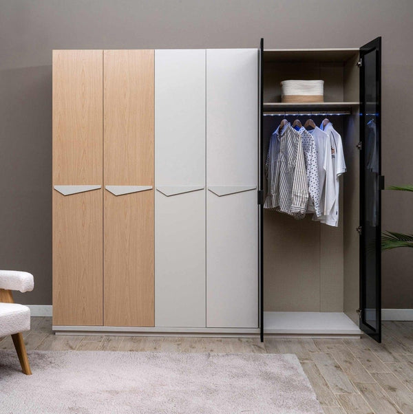 Floransa 6 Door Wardrobe showcasing spacious compartments, adjustable shelves, and hanging rods for modern bedroom organization.