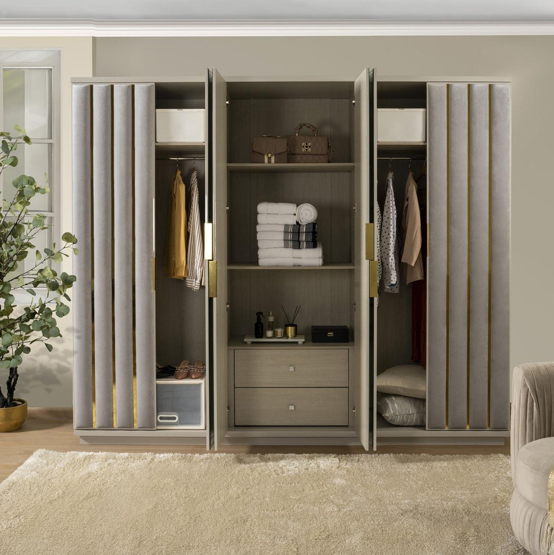 Heafield 6 Door Wardrobe with spacious storage, shelves, and hanging sections, perfect for modern bedroom organization.