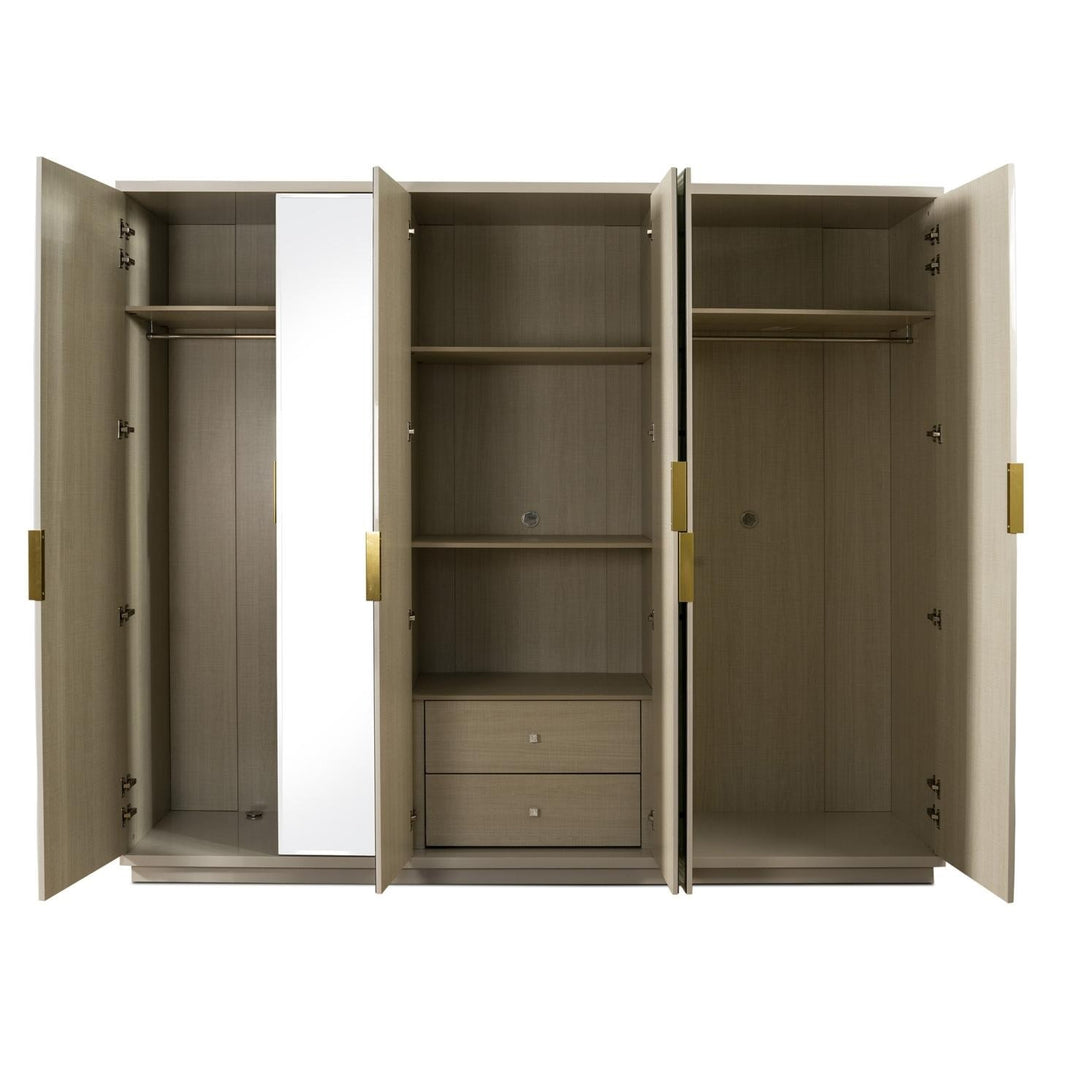 Heafield 6 Door Wardrobe with spacious storage, shelves, and hanging sections, perfect for modern bedroom organization.