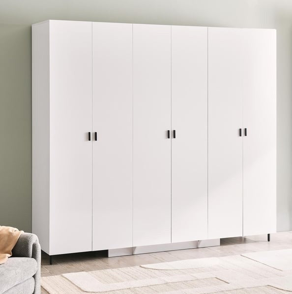 Ken 6 Door Wardrobe - Glossy White Finish with ample storage, shelves, and hanging sections, ideal for modern bedrooms.