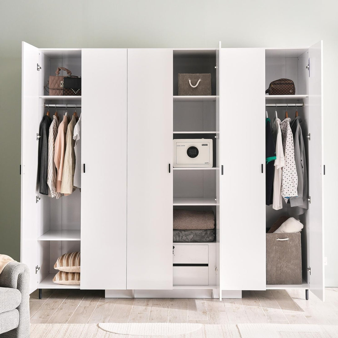 Ken 6 Door Wardrobe - Glossy White Finish with ample storage, shelves, and hanging sections, ideal for modern bedrooms.