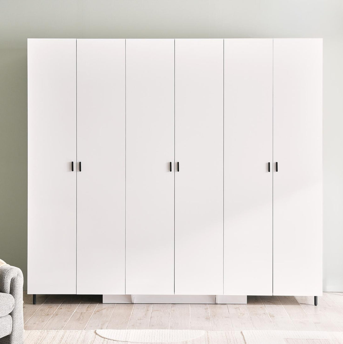 Ken 6 Door Wardrobe - Glossy White Finish with ample storage, shelves, and hanging sections, ideal for modern bedrooms.