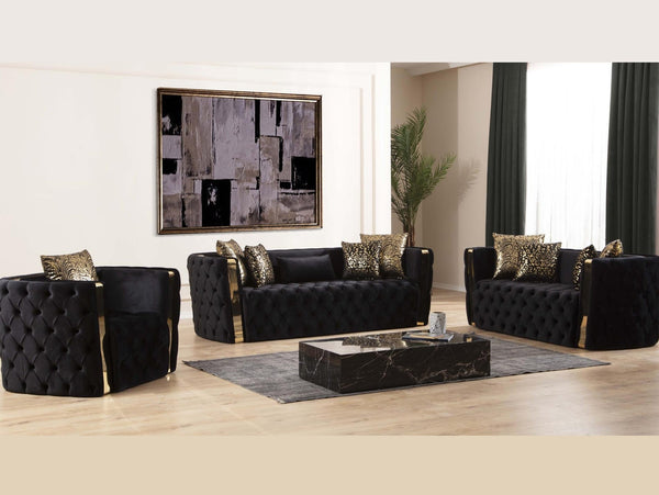 Naomi Living Room Sofa Set with sleek modern design, wooden frame, and plush cushions.